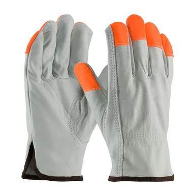 Natural L TG Cowhide, Regular Grade, Hi-Vis Orange Fingertips, Keystone Thumb Hi-Visibility Leather Gloves 1 Dozen 68-163HV/L