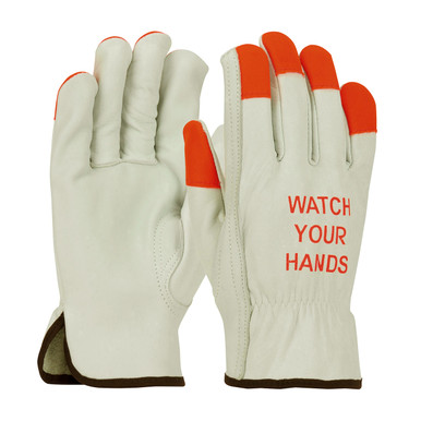 Natural L TG Cowhide, Superior Grade, Hi-Vis Orange Fingertips & Logo, Keystone Hi-Visibility Leather Gloves 1 Dozen 68-165HV/L