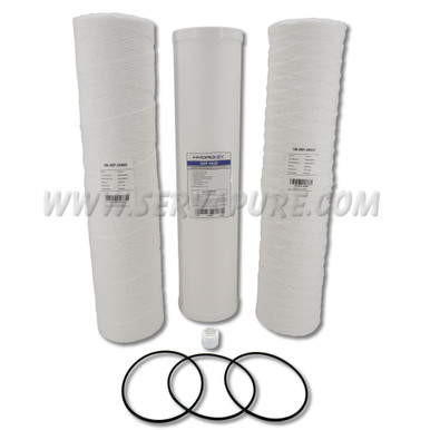Serv-A-Pure SFP-201, MegaPak 2 DI System 3-Stage Replacement Filter Pack: (1) 5M-WP-20BB, (1) SDP-4520, (1) 1M-WP-20BB, (3) 151122, (1) Lube 111