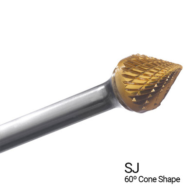 1/4" X 3/16" 60 Degree Cone Double Cut TiN Coated Carbide Burs SJ1 (Qty. 1)