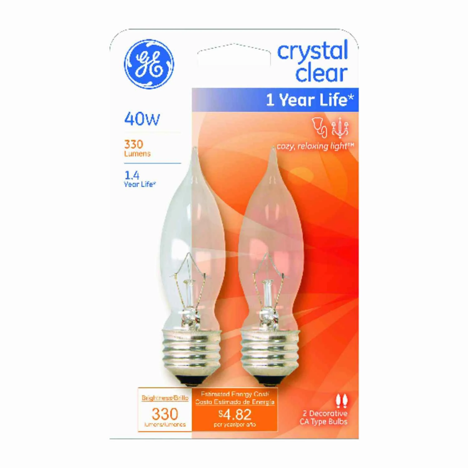 Decorative Light Bulb, Bent-Tip, Clear, 40-Watts, 2-Pk.
