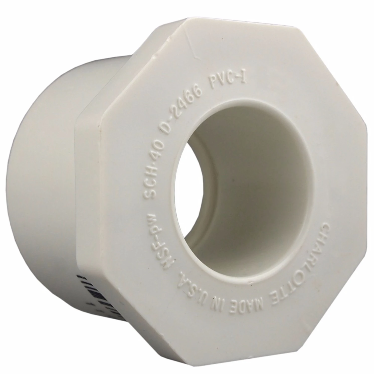 Schedule 40 PVC Pressure Reducer Bushing, White, Spigot x Slip, 1-1/2 x 1-1/4 In.