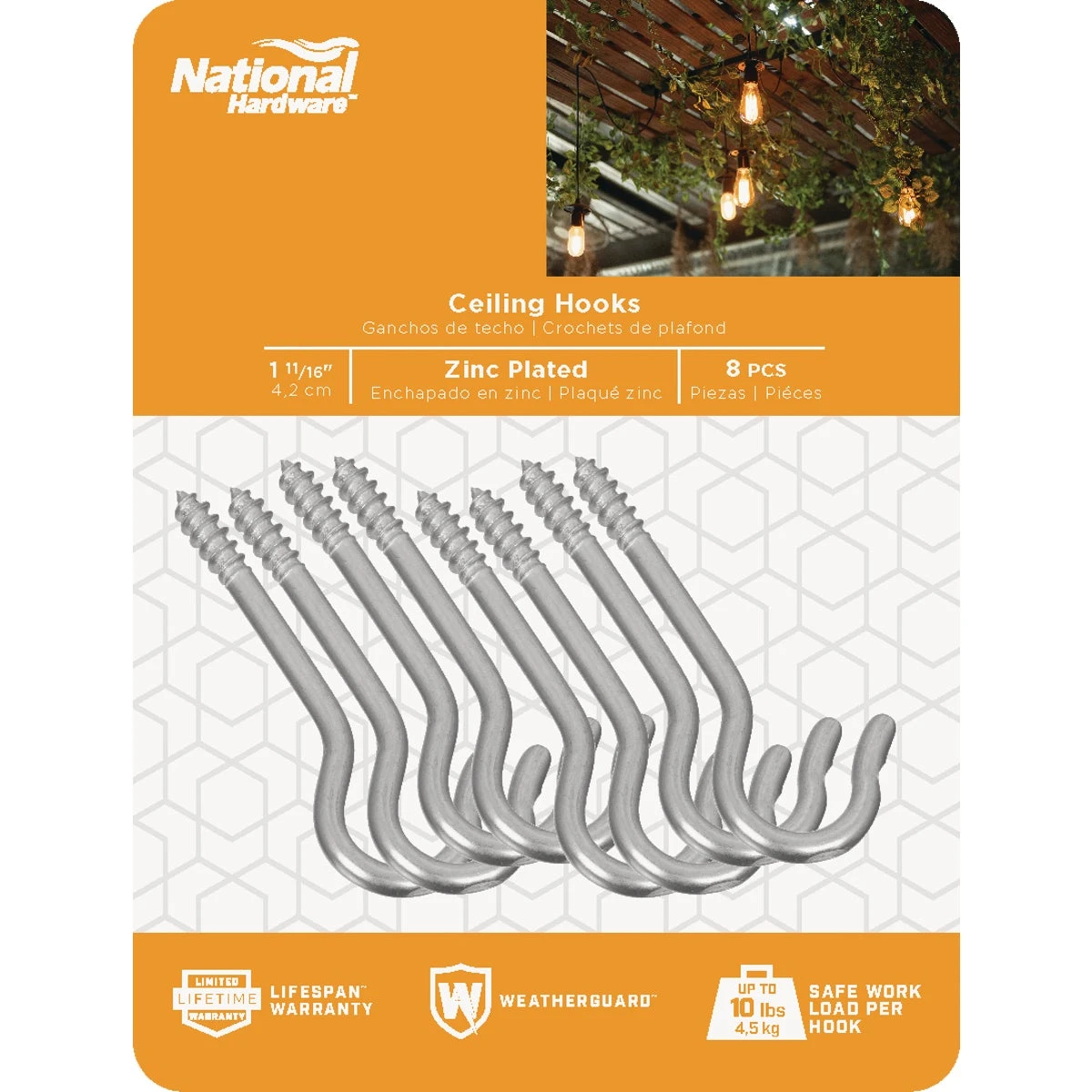 Ceiling Hook, Zinc, #12., 1-11/16 In., 8-Pk