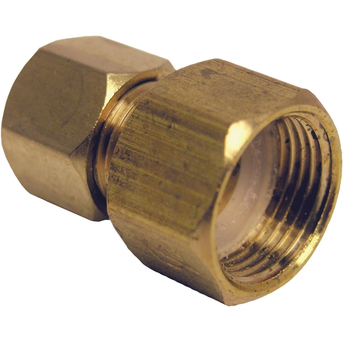 Pipe Fitting, Brass Adapter, 3/8 Female Compression x 1/4 In. Male Compression