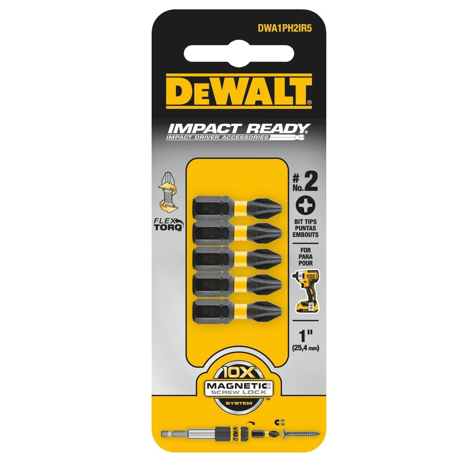 #2 Phillips Bit Tip, Impact-Ready, 1 In., 5-Pk.