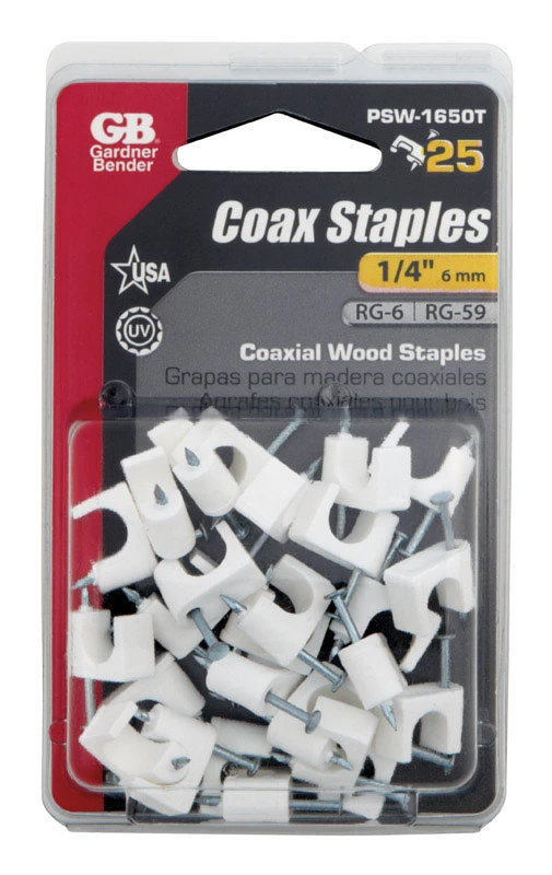 Coaxial Cable Staple, White, 1/4-In., 25-Pk.