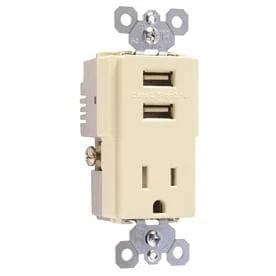 USB Charger Combo With Tamper-Resistant Receptacle, Ivory, 15-Amp