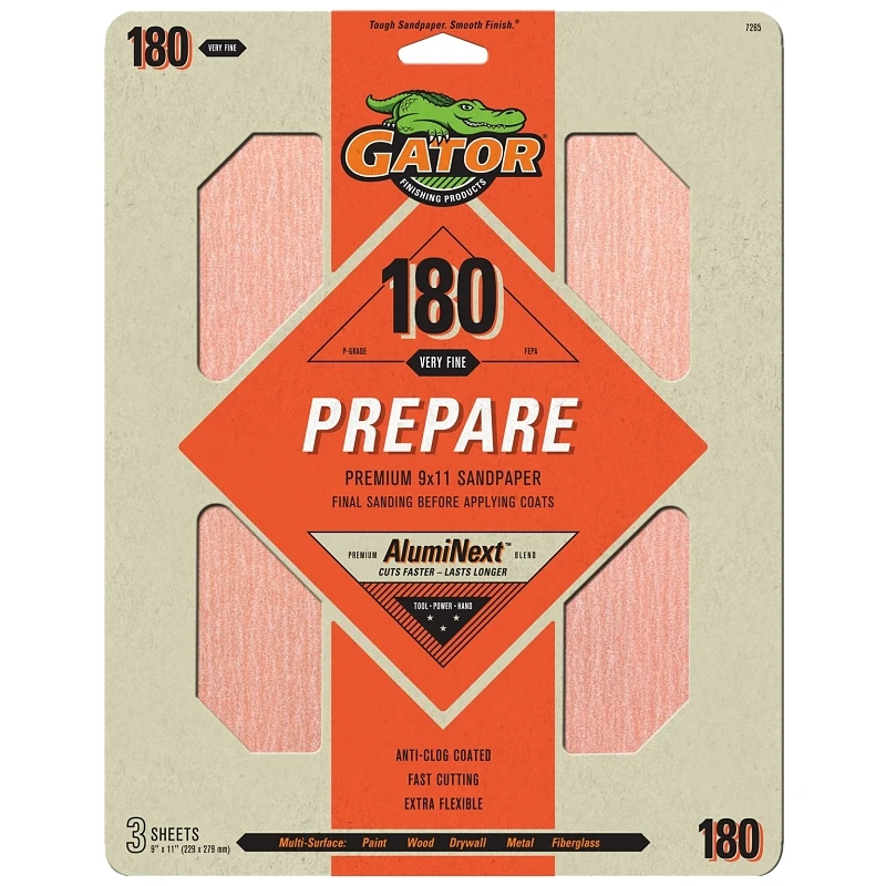 Sandpaper, 180-Grit, 9 x 11 In., 3-Ct.