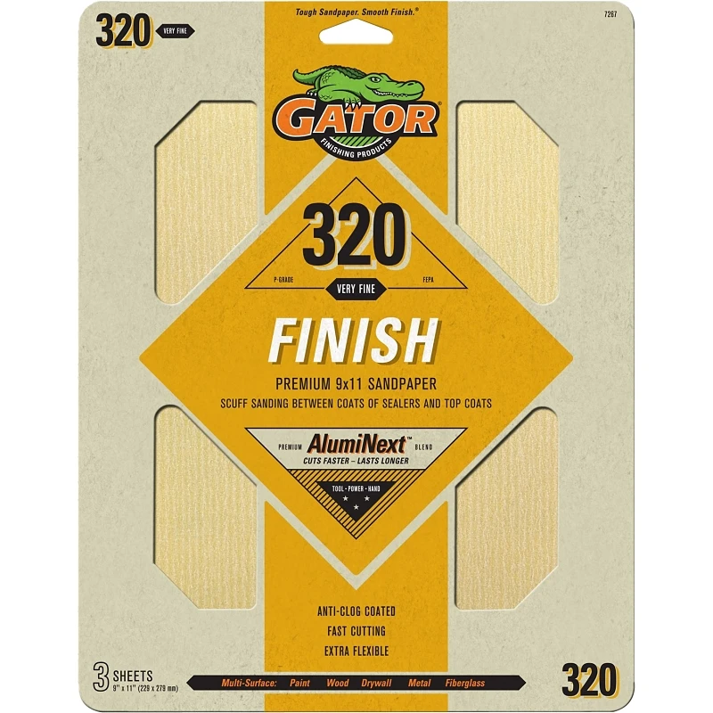Sandpaper, 320-Grit, 9 x 11 In., 3-Ct.