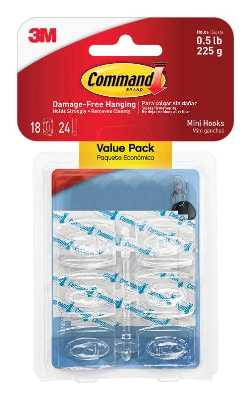 Clear Plastic Command Adhesive Hooks – 18‑Pack, 0.5 lb Capacity per Hook