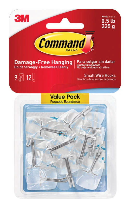 3M Command Clear Small Wire Hooks – 1.6" Length, Pack of 9, Self‑Adhesive