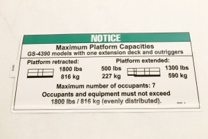 Genie Lift Part # 82280GT - DECAL,NOTICE,MX CP,GS43 1DK OR, EA