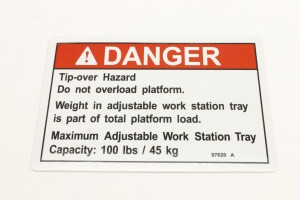 Genie Lift Part # 97620GT - DECAL,DANGER,MAX CAP ADJ TRAY*, EA