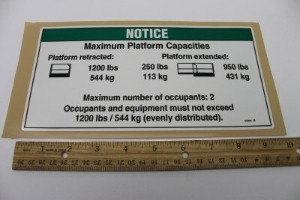 Genie Lift Part # 52084GT - DECAL,NOTICE,MAX CAP 1200/250*, EA