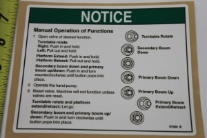 Genie Lift Part # 97586GT - DECAL,NOTICE,MANUAL OPER,TZ50, EA