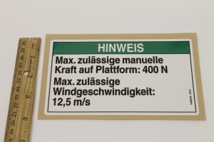 Genie Lift Part # 44986GRGT - DECAL,NOTICE,90 FORCE/28 WIND*, EA