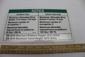 Genie Lift Part # 72084GT - DECAL,NOTICE,SIDE FRC,3246AUS*, EA