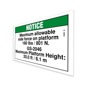 Genie Lift Part # 52609GT - DECAL,NOTICE,SIDE FRC,2046ANSI, EA