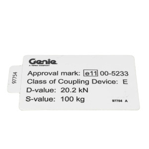 Genie Lift Part # 97754GT - DECAL,LABEL,DRAWBAR CERT,TZ50, EA