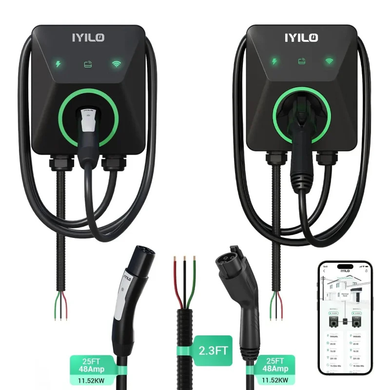 IYILO Dual Level 2 EV Charger Bundle NACS (J3400) + J1772 with Power Sharing 48A Hardwired